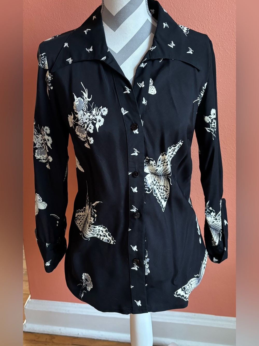 Black Blouse with Ivory Butterfly Motif